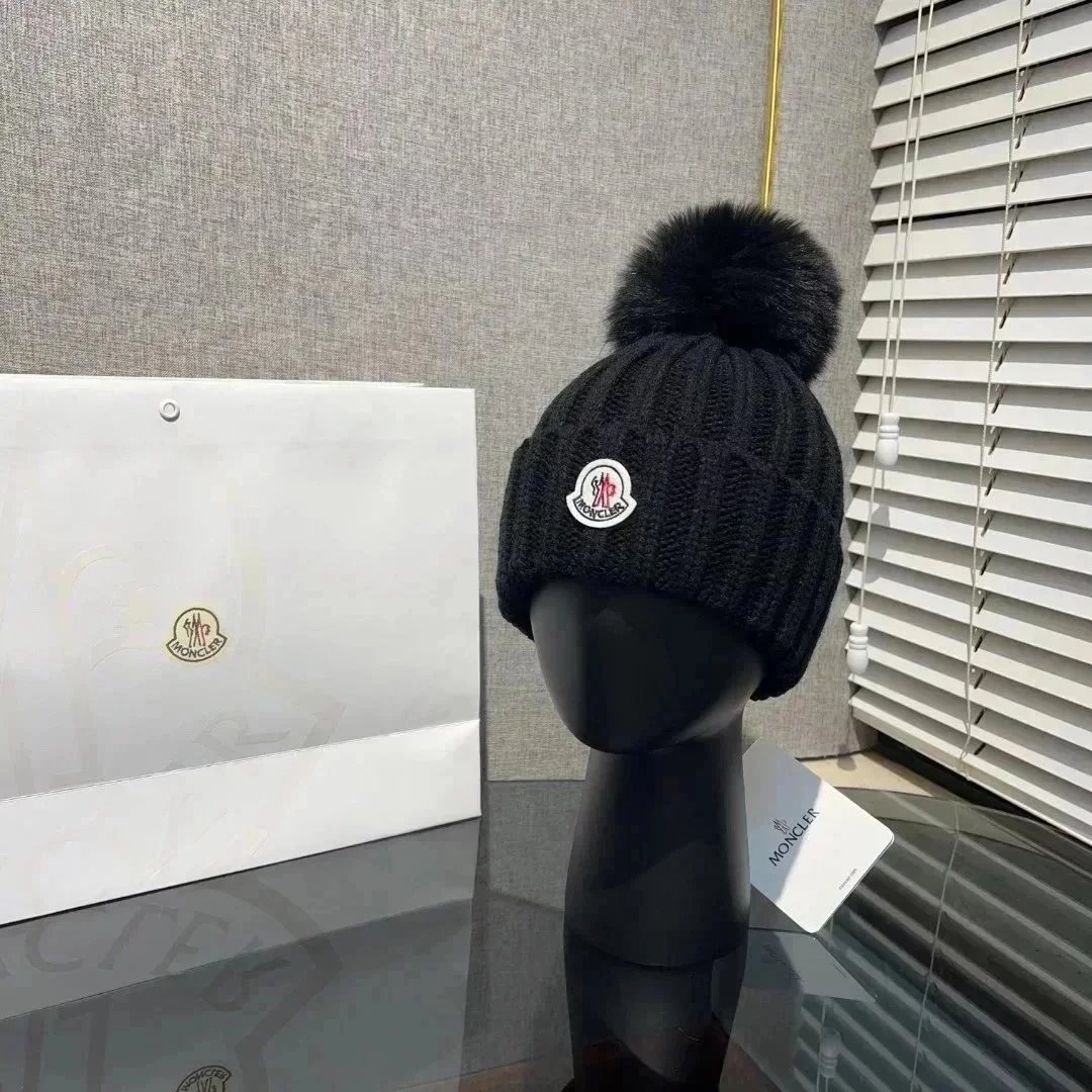 Moncler Logo Patch Pom Pom Beanie for Women in Black