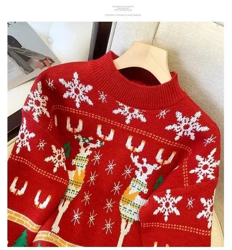 Women's Christmas Reindeer Pattern Crew Neck Long Sleeve Casual Sweater