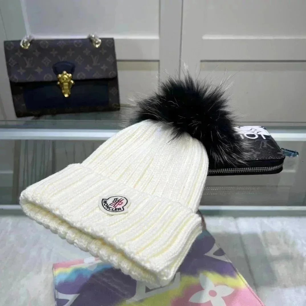 Optical White Wool & Cashmere Beanie with Pom Pom - Hats & Beanies for Women